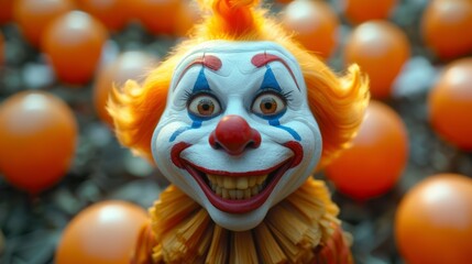 Obraz premium A cheerful clown with bright makeup poses among vibrant orange balls at an outdoor festival in early autumn
