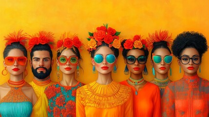 Obraz premium A Splash of Color: A diverse group of individuals with vibrant fashion and sunglasses, radiating confidence and individuality against a bold yellow background. 