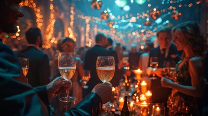 Elegant evening celebration with guests enjoying drinks amidst soft lighting and festive decor in a vibrant atmosphere