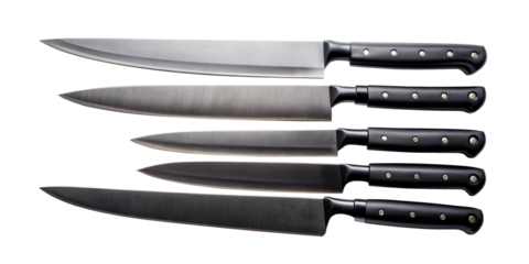 set of checf's black kitchen knives isolated on transparent background