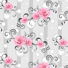 Roses on an abstract background.Vector seamless pattern with bouquets of roses on an abstract background with decoration.