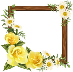 Roses on a wooden frame.Wooden frame with roses and daisies on a transparent background in vector illustration.