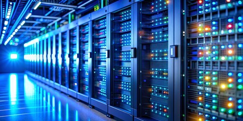 Blue Illuminated Server Room Interior, 3D Render, Data Center, Server Racks, Technology, Server Room