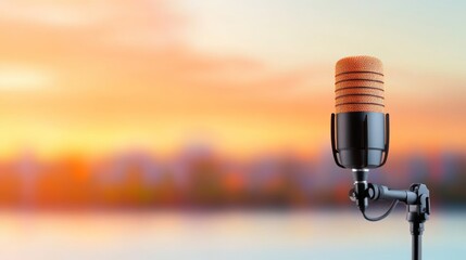 Close-up of a podcast microphone with soundproofing panels in the background.