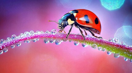 Obraz premium Ladybug on leaf with water drops