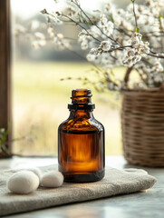 Amber glass bottle with spring blossoms and white stones.