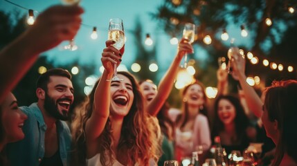 A group of young professionals joyfully raise their glasses in celebration of a recent job achievement, surrounded by twinkling lights