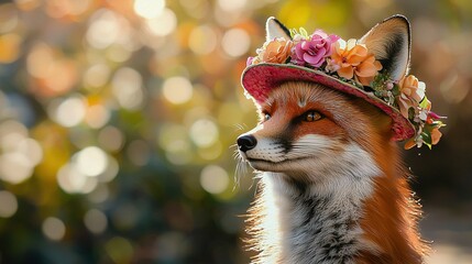  A fox with a hat and flowers on its head against a tree background