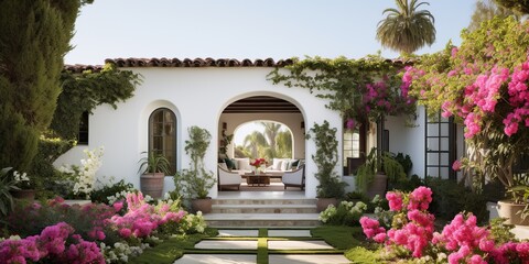 Fototapeta premium Luxure elegant house home with garden and many flowers and treed. Villa mansion architecture style background