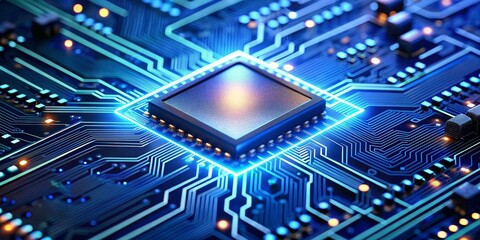 Circuit Board with Glowing Processor, 3D Rendering, Technology, Data, Innovation , circuit board, processor