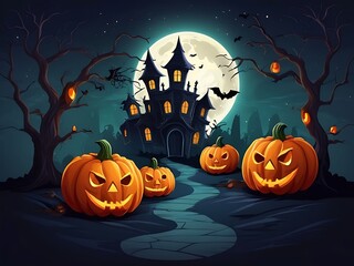 Fototapeta premium Spooky Halloween Background with Haunted House, Evil Pumpkins, and Full Moon Night Scene.