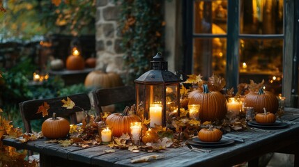 Fototapeta premium thanksgiving decorations, pumpkin lanterns and candles softly light the autumn-themed table, evoking a sense of gratitude and abundance in the rustic countryside setting