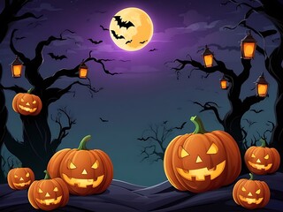 Fototapeta premium Spooky Halloween Background with Haunted House, Evil Pumpkins, and Full Moon Night Scene.
