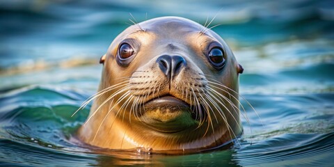Fototapeta premium Close-up Portrait of a California Sea Lion Emerging from the Water, Shallow Depth of Field, Animal Photography, sea lion, water, wildlife, portrait