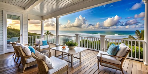 Fototapeta premium Coastal Living Room with Ocean View, Wicker Furniture, and Blue Cushions, ocean, coastal, living room