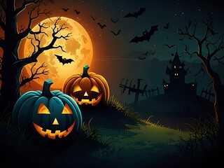 Fototapeta premium Spooky Halloween Background with Haunted House, Evil Pumpkins, and Full Moon Night Scene.