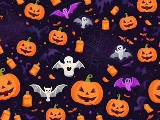 Spooky Halloween Background with Haunted House, Evil Pumpkins, and Full Moon Night Scene.