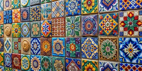 Colorful Mosaic Tile Wall with Floral and Geometric Patterns, Tile Art, Mosaic Design, Patterned Tiles