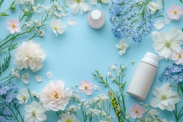 Pastel flowers surround cosmetic products on a soothing blue background, emphasizing organic beauty and tranquility. Generative AI