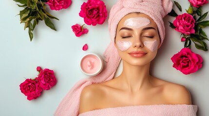 A serene woman enjoys a spa treatment with a face mask surrounded by roses, evoking relaxation and beauty.