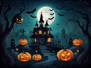 Spooky Halloween Background with Haunted House, Evil Pumpkins, and Full Moon Night Scene.