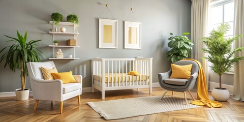 Fototapeta premium Cozy Nursery Interior with White Crib and Yellow Accents, Nursery Design , Baby Room Decor, Crib