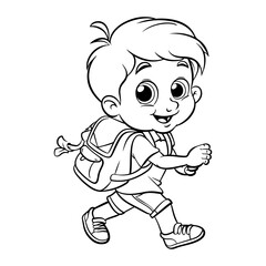 Coloring page for kids, a cute boy going to school with a backpack.