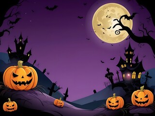Spooky Halloween Background with Haunted House, Evil Pumpkins, and Full Moon Night Scene.