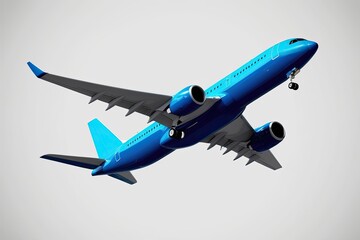 Innovative Cyan Commercial Jet Flying Against a Clean White Background in 3D Rendering