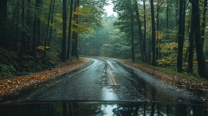 Obraz premium A wet road curves through a forest. Perfect for use in a travel or weather blog.