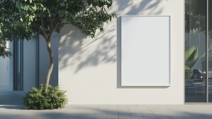 A minimalist urban scene featuring a blank billboard beside a tree and modern architecture.