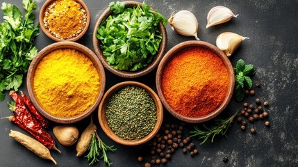 Assortment of Spices and Herbs in Bowls on Black Surface