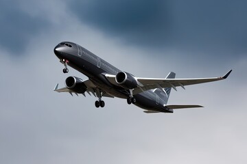 Obraz premium High-Tech Graphite Commercial Jet Ascending Dramatically Against White Background