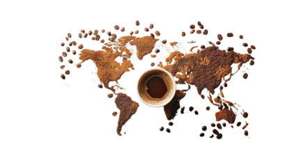World map made of coffee beans with a cup of coffee isolated on white background