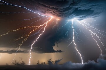 Dramatic Stormy Sky with Electric Blue Lightning Bolts and Warm Golden Light at Dusk or Dawn