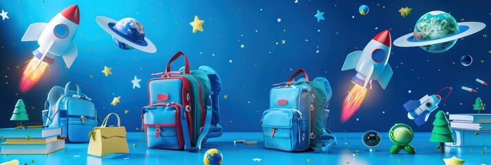 Electric blue backdrop with a realistic digital artwork of a school scene including floating backpacks, rocket ships, and space-themed elements