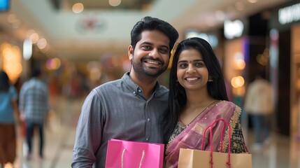 Smiling Indian couple, shopping bags, mall scene, Sony Alpha A7 III, portrait photography, romanticized realism, romantic mood.
