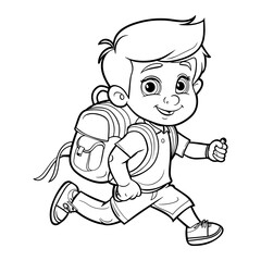 Coloring page for kids, a cute boy going to school with a backpack.