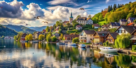Fototapeta premium European Lakeside Village with Flying Seagulls, Composed of Lush Greens, Buildings and Blue Skies, Water Reflections, Lake, Village, Seagull