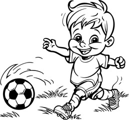 Coloring page for kids, a cute boy playing football with field, in a cartoon style with white background.