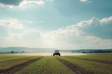 Obraz premium Tractor plowing golden field under cloudy sky