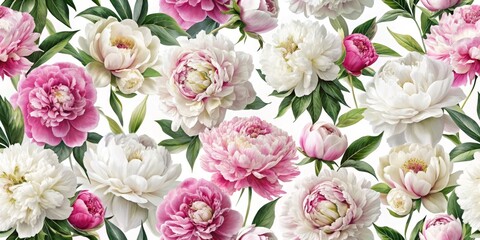 Floral Peony Watercolor Seamless Pattern, white background, pink and white peonies, green leaves, flower, floral, seamless