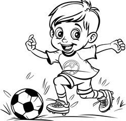 Coloring page for kids, a cute boy playing football with field, in a cartoon style with white background.