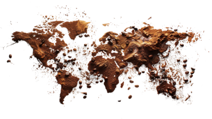 World map made of coffee beans with a cup of coffee isolated on white background