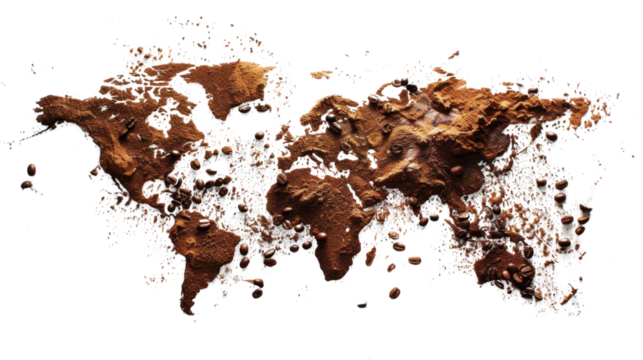 World map made of coffee beans with a cup of coffee isolated on white background