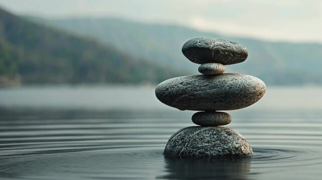 A stack of rocks is floating on the surface of a body of water. The scene is serene and peaceful, with the rocks creating a sense of balance and harmony. The water appears calm and still