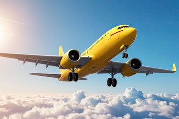 Classic Yellow Airplane Flying in Vibrant Ascent on White Background, Evoking Travel Nostalgia 3D Rendering