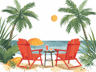 Two red beach chairs are set up on a sandy beach with a table in between them. An umbrella is shading the chairs from the sun. The scene is peaceful and relaxing, perfect for a day at the beach