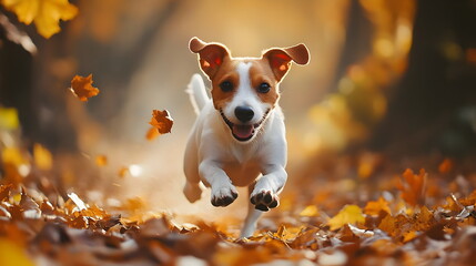 Joyful Dog Running Through Colorful Autumn Leaves Nature Happiness