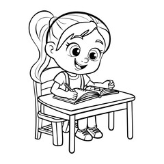 Coloring page for kids, a cute cartoon girl doing homework at her desk with white background.